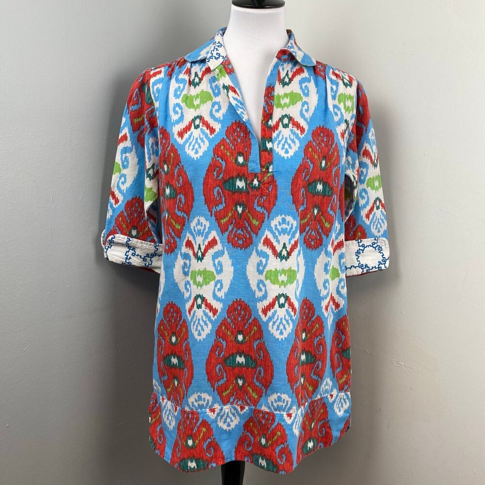 Tizzie Linen Blend Ikat Medallion Tunic Top Small Resort